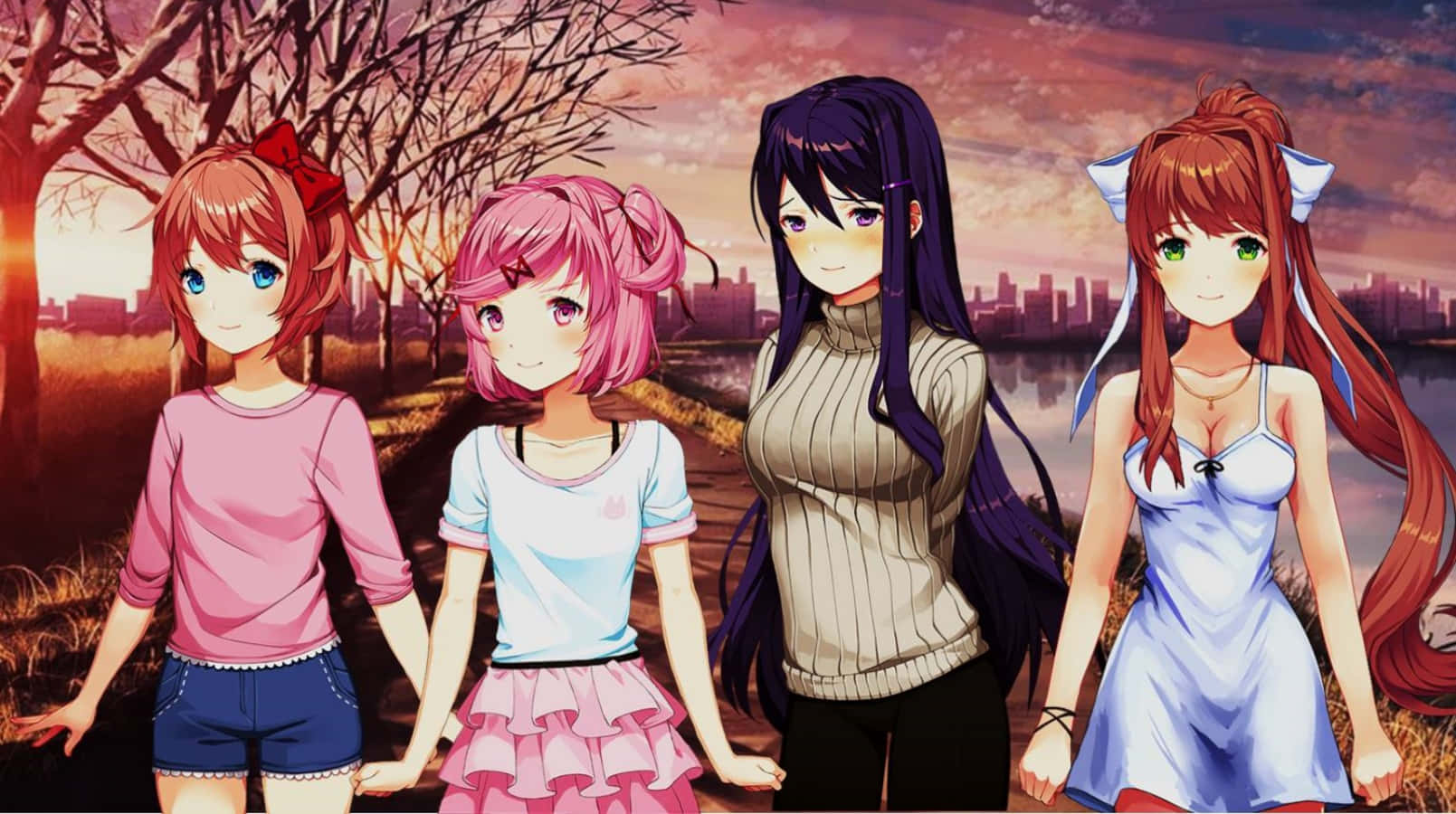 Ddlc Friends Behind Sunset Background