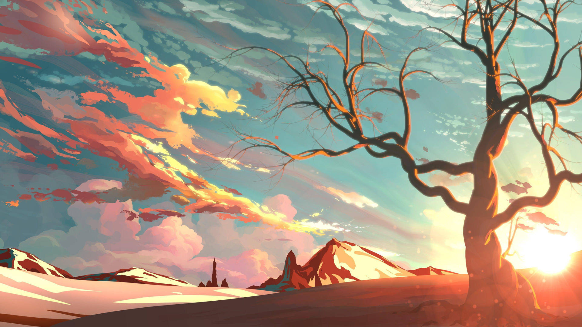 Dead Tree And Sunrise Digital Art Background