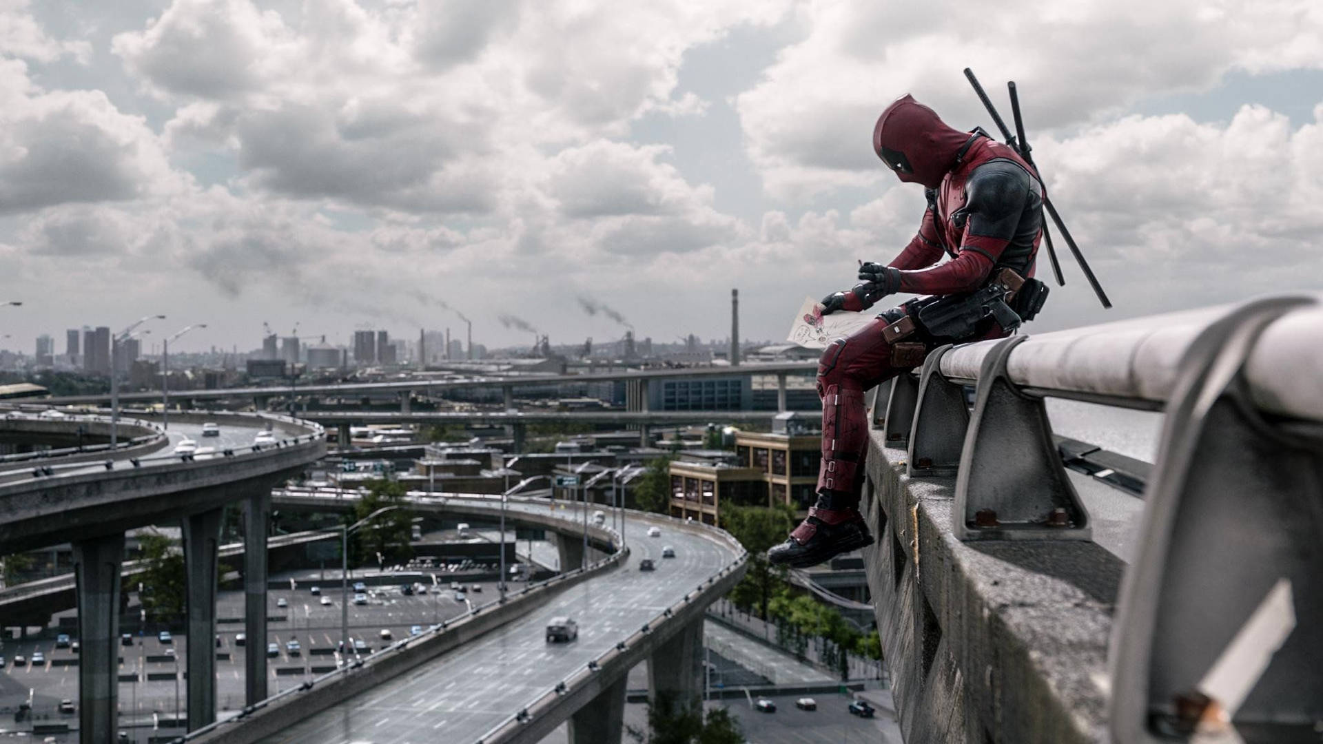 Deadpool Movie On A Guard Rail Background