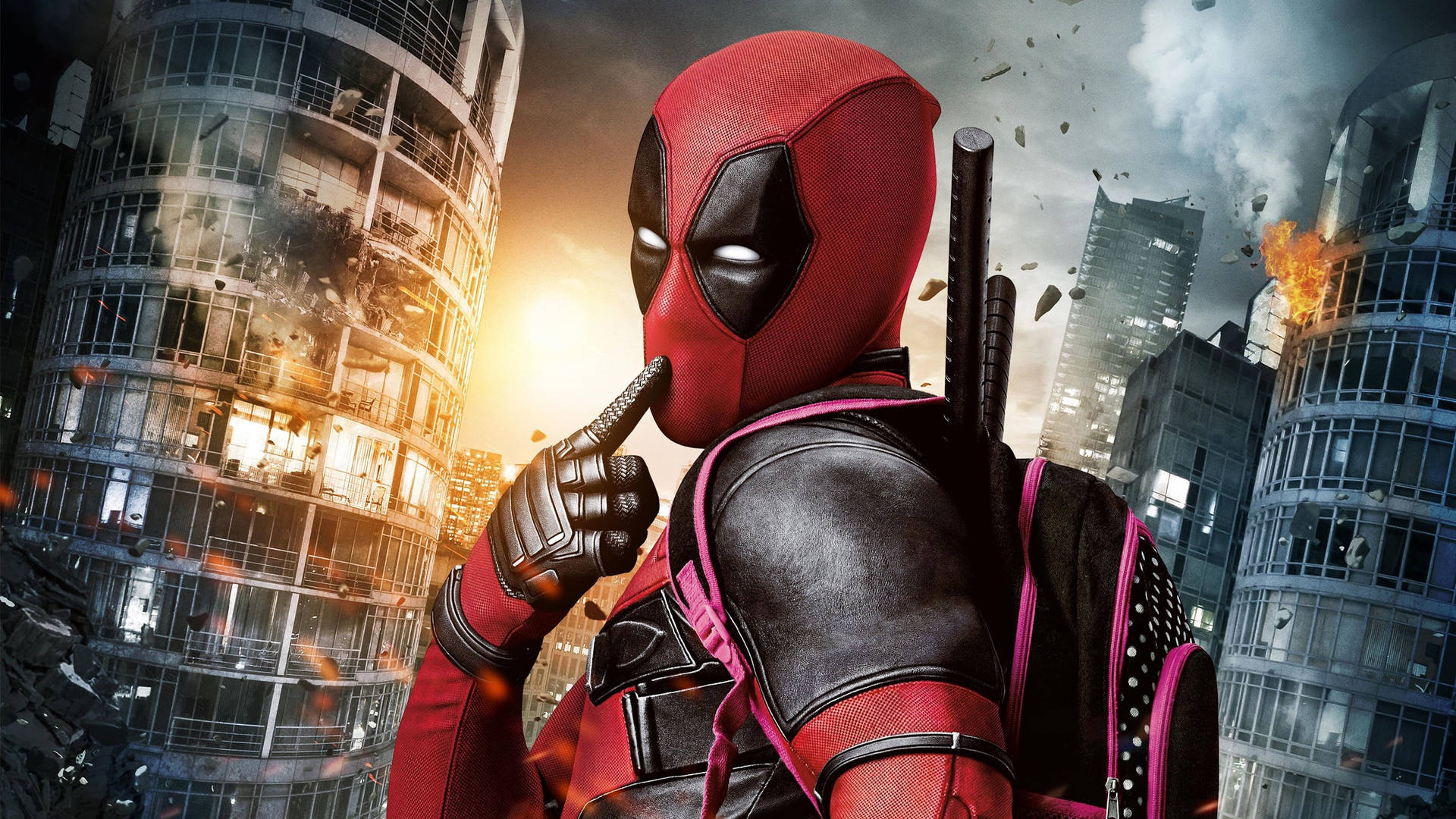 Deadpool Movie Poster Finger On Mouth Background