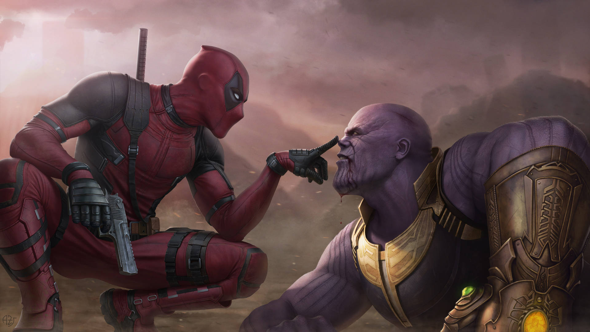 Deadpool Poking Thanos Hd Background