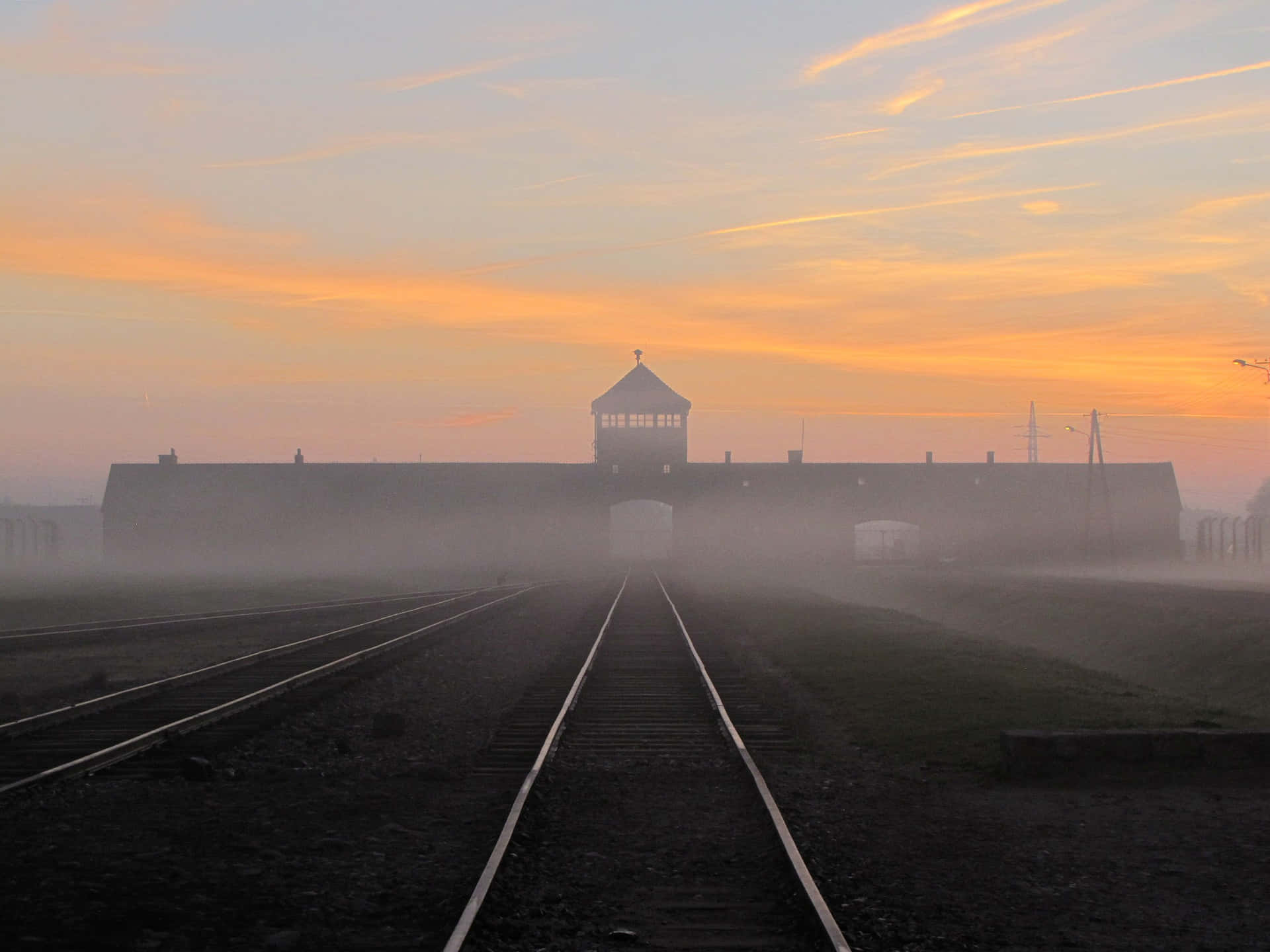 Death Gate Auschwitz Ii Birkenau Railway Track Background