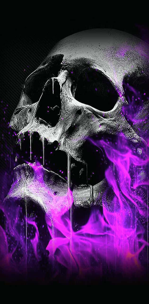 Decaying Flaming Skull With Purple Smoke Background