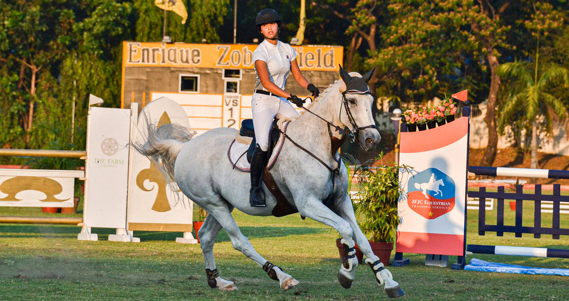 Dedicated Female Equestrian Training On Horseback Background