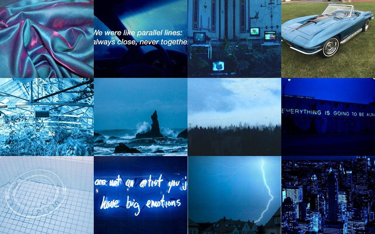 Deep Blue Theme Aesthetic Collage Laptop Background