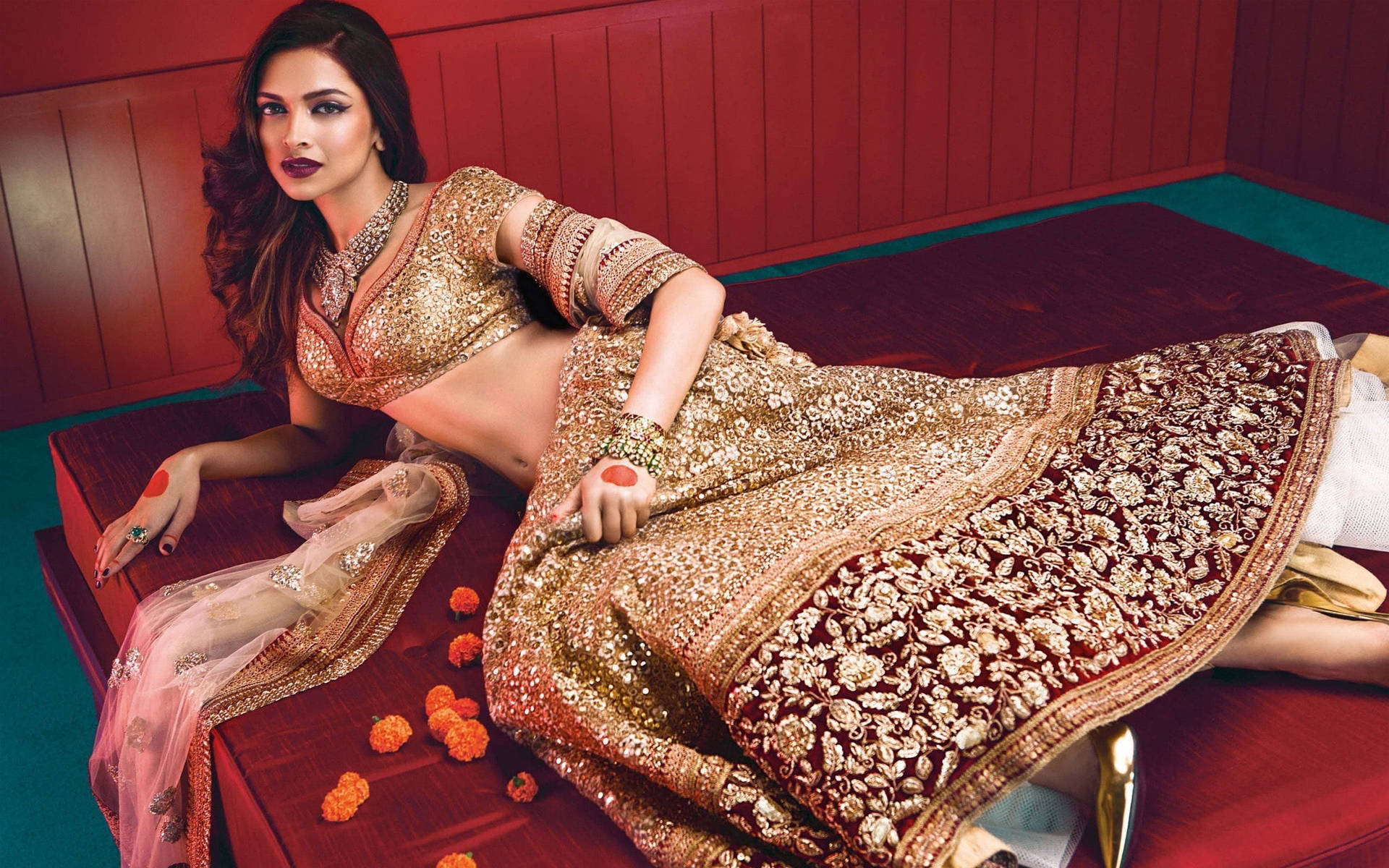 Deepika Padukone Gold Bridal Lehenga Background