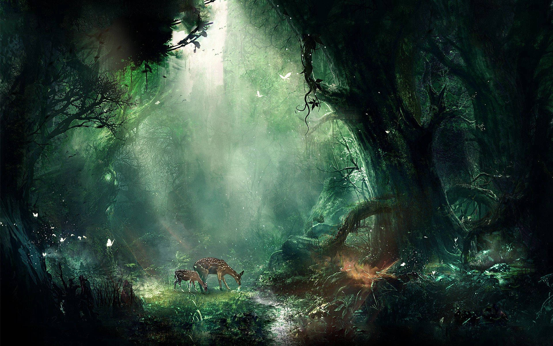 Deer Animals Forest Trees Graphics Art Background