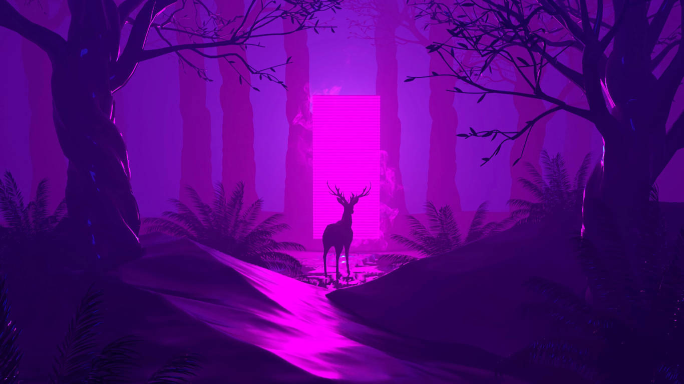 Deer In Dark Purple Forest Background