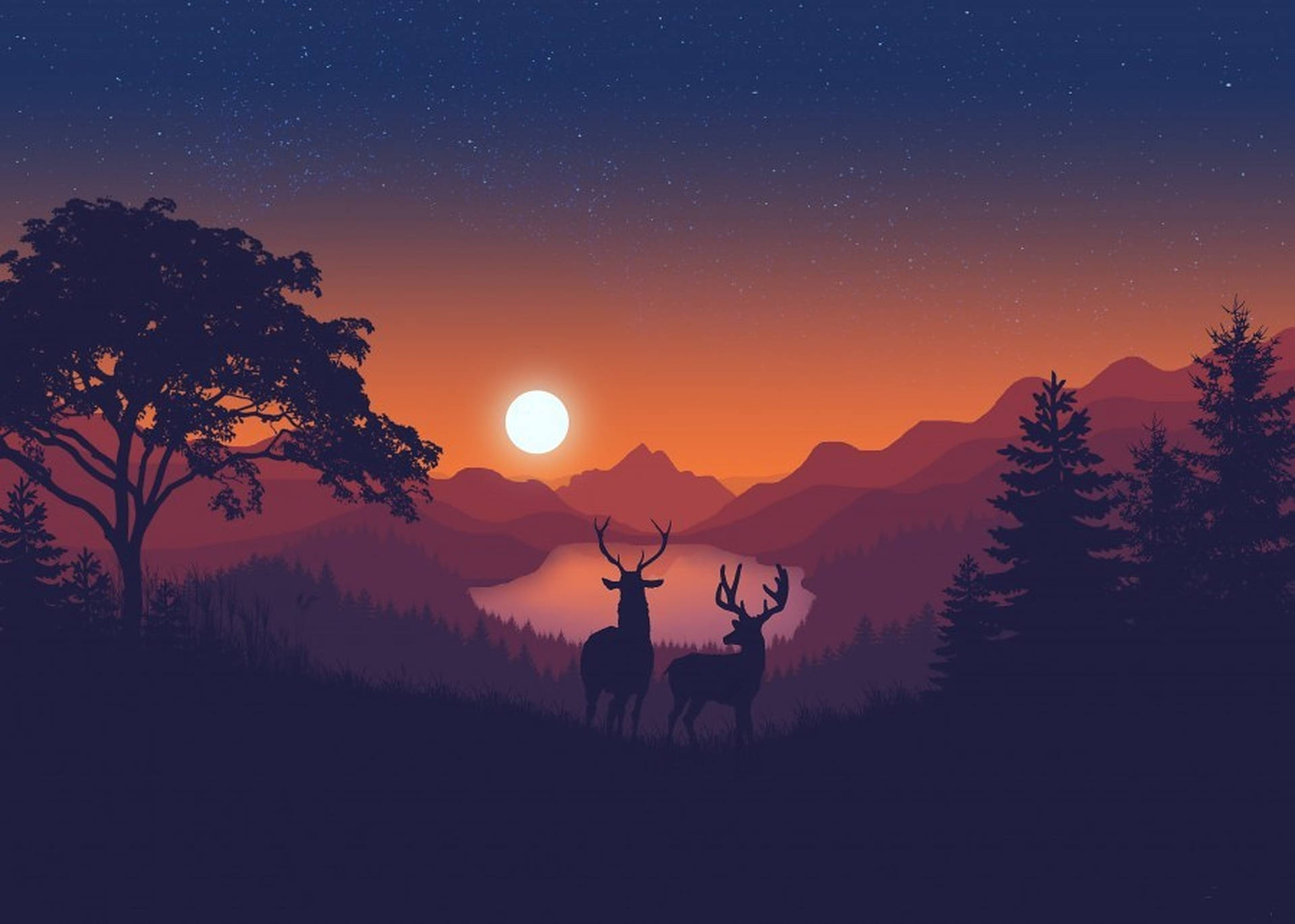 Deer In Forest Sunset Sky