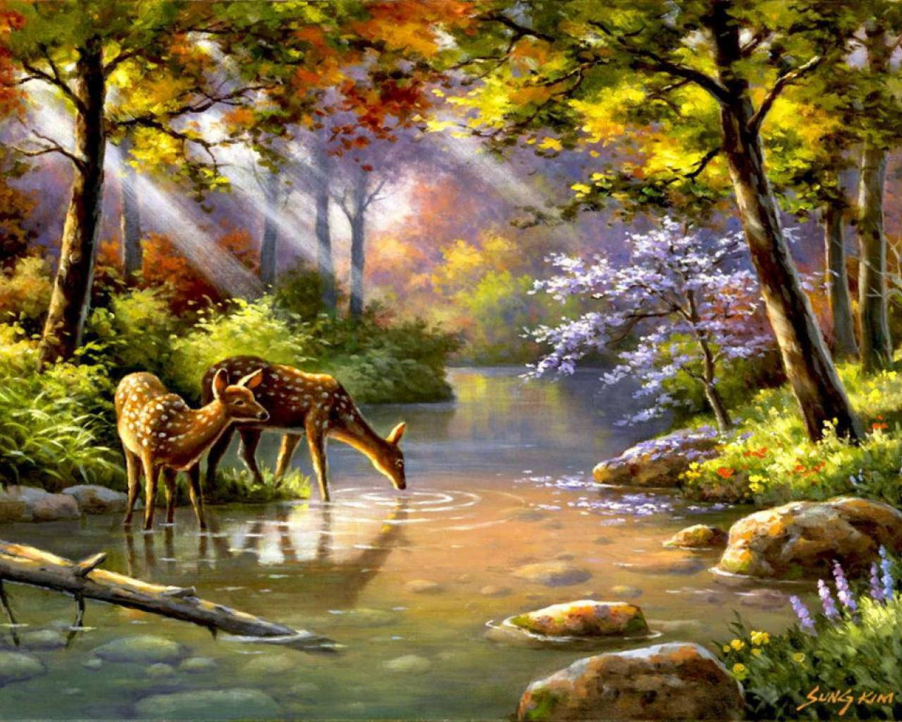 Deer On River Paint Art Background