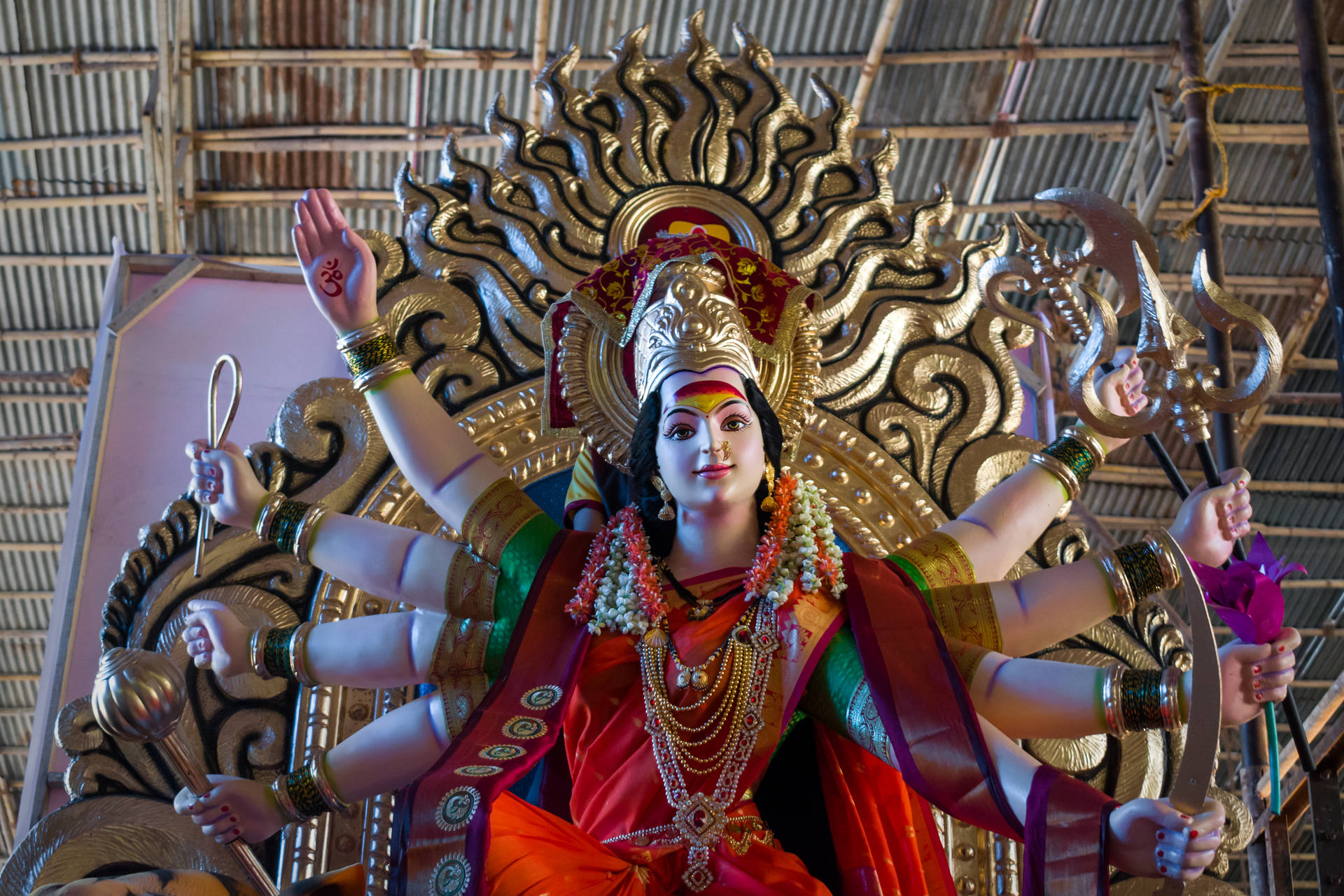 Deity Maa Durga On Golden Throne Background