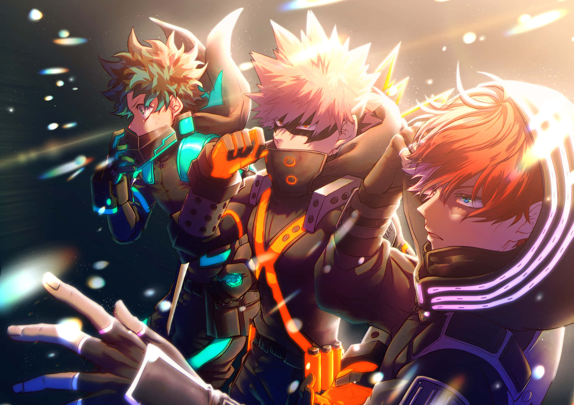 Deku And Todoroki, Ready To Enter The Battlefield In Their Superhero Costumes. Background