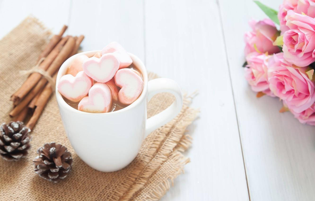 Delicate 3d Marshmallow Heart In A Mug Background