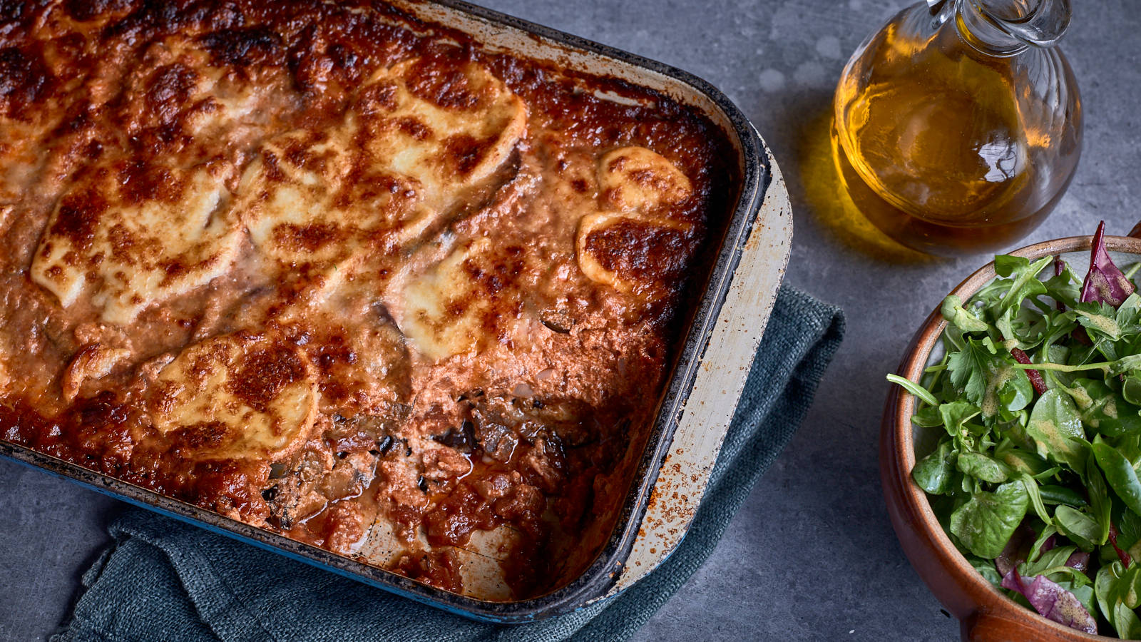 Delicious Aubergine Parmigiana With Fresh Green Salad