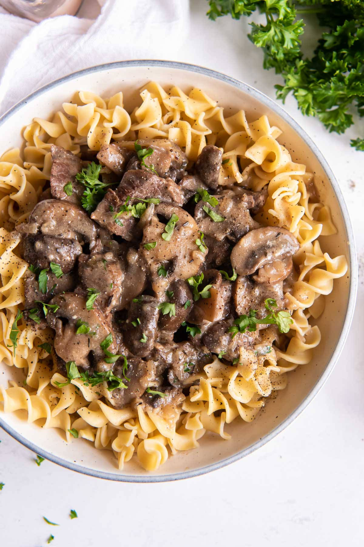 Delicious Beef Stroganoff Served On Fusilli Pasta Background