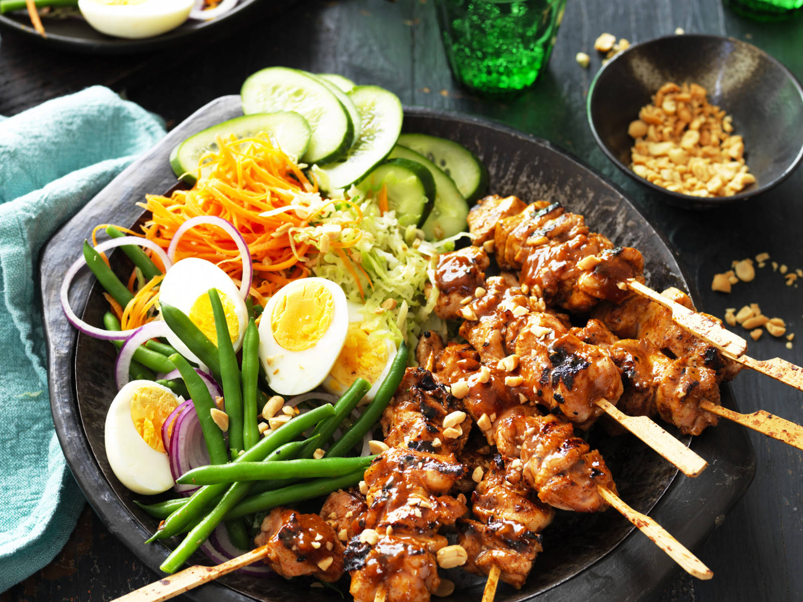 Delicious Chicken Satay With Fresh Salad And Savory Peanut Sauce Background