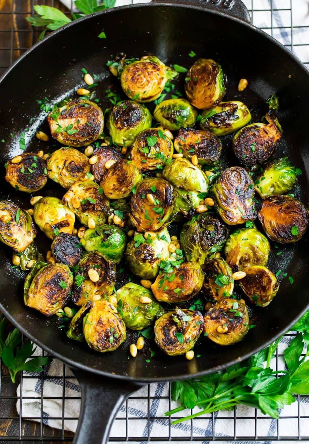 Delicious Cooked Brussels Sprouts In Ceramic Skillet