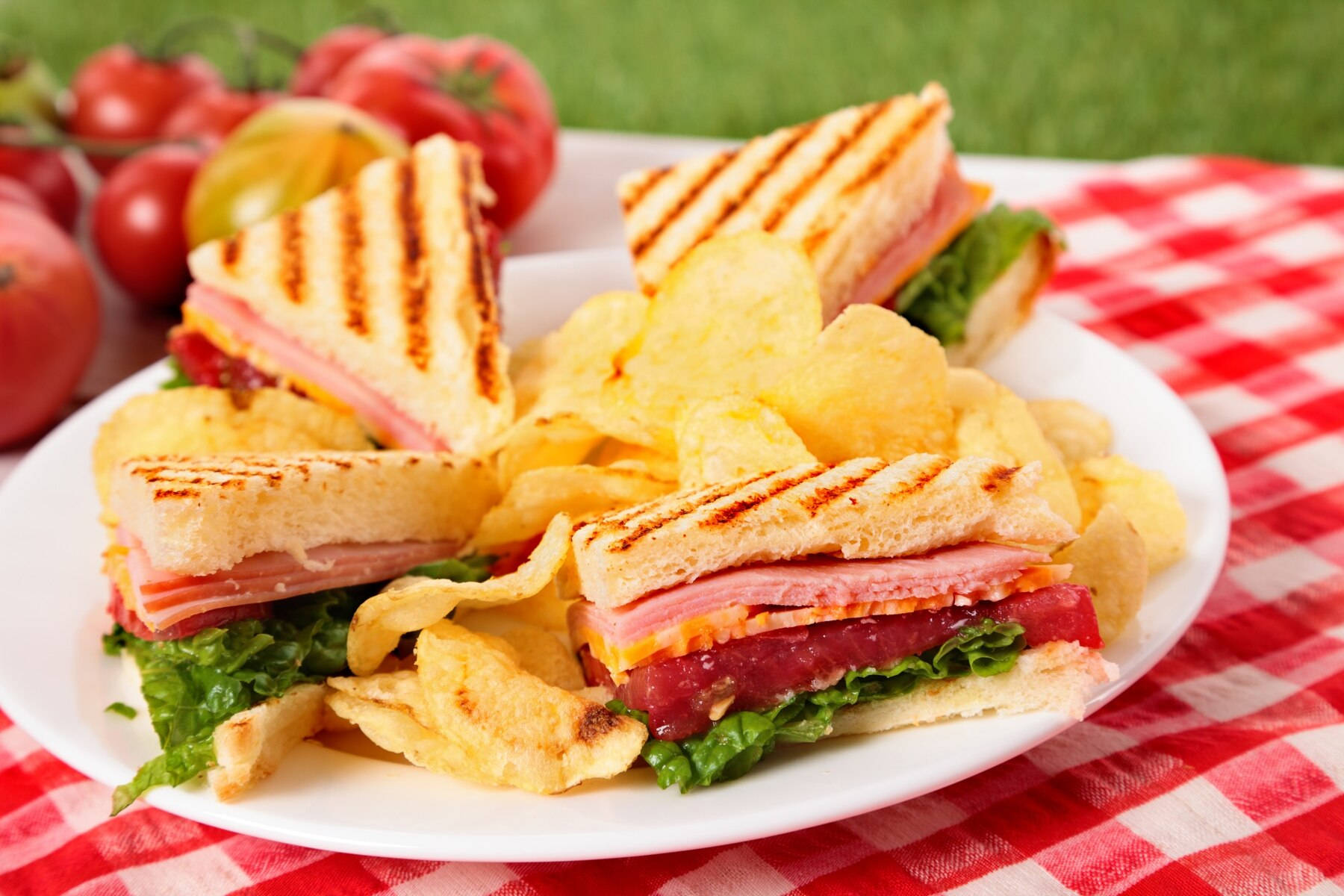 Delicious Grilled Sandwiches With Chips Background