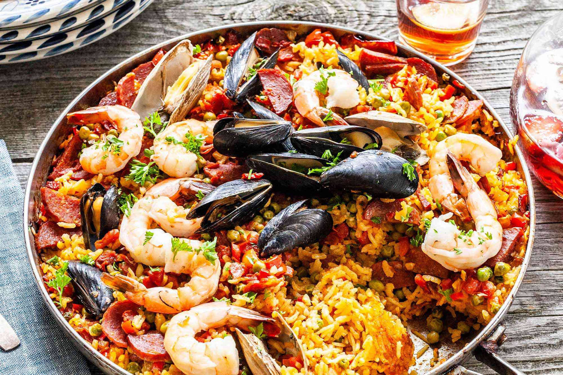 Delicious Paella Mussels And Shrimp Background