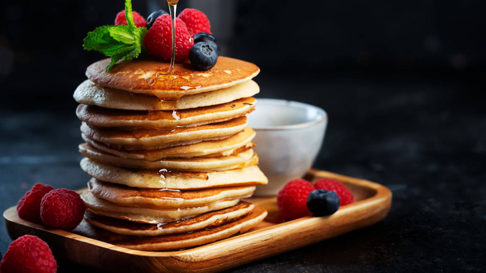 Delicious Pancakes Served On Tray Background