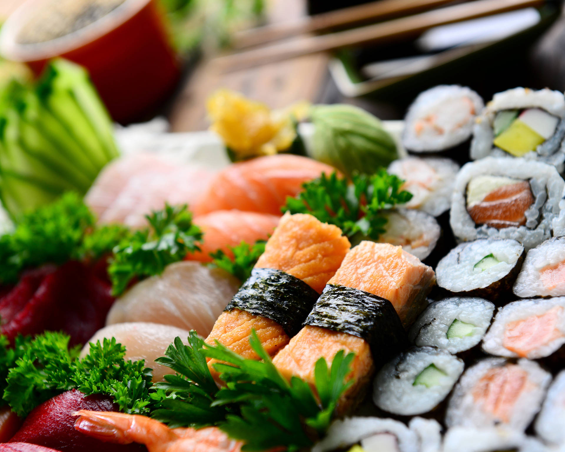 Delicious Pre-made Sushi Platter Background
