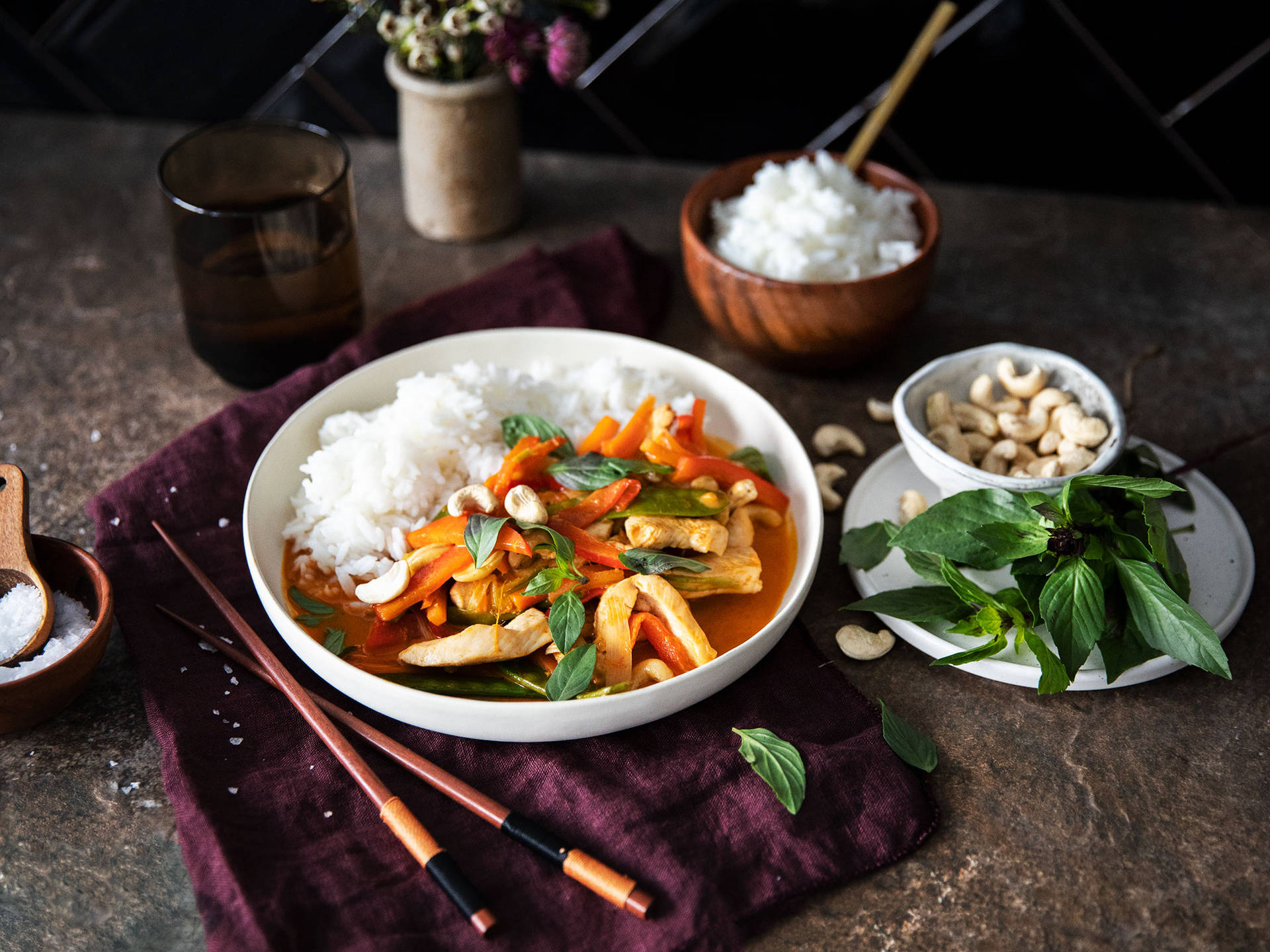 Delicious Salmon Red Thai Curry With Baby Corn Background