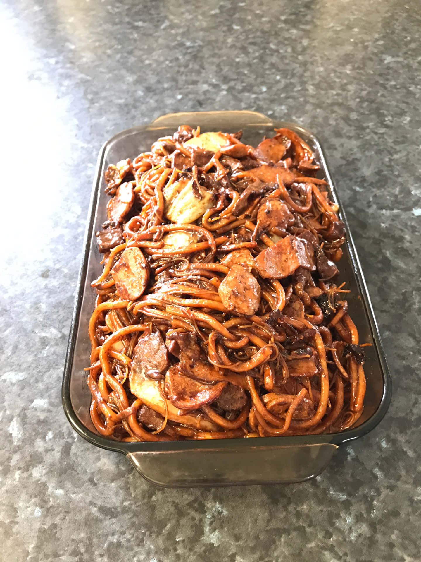 Deliciously Authentic Hokkien Mee In Clear Container Background