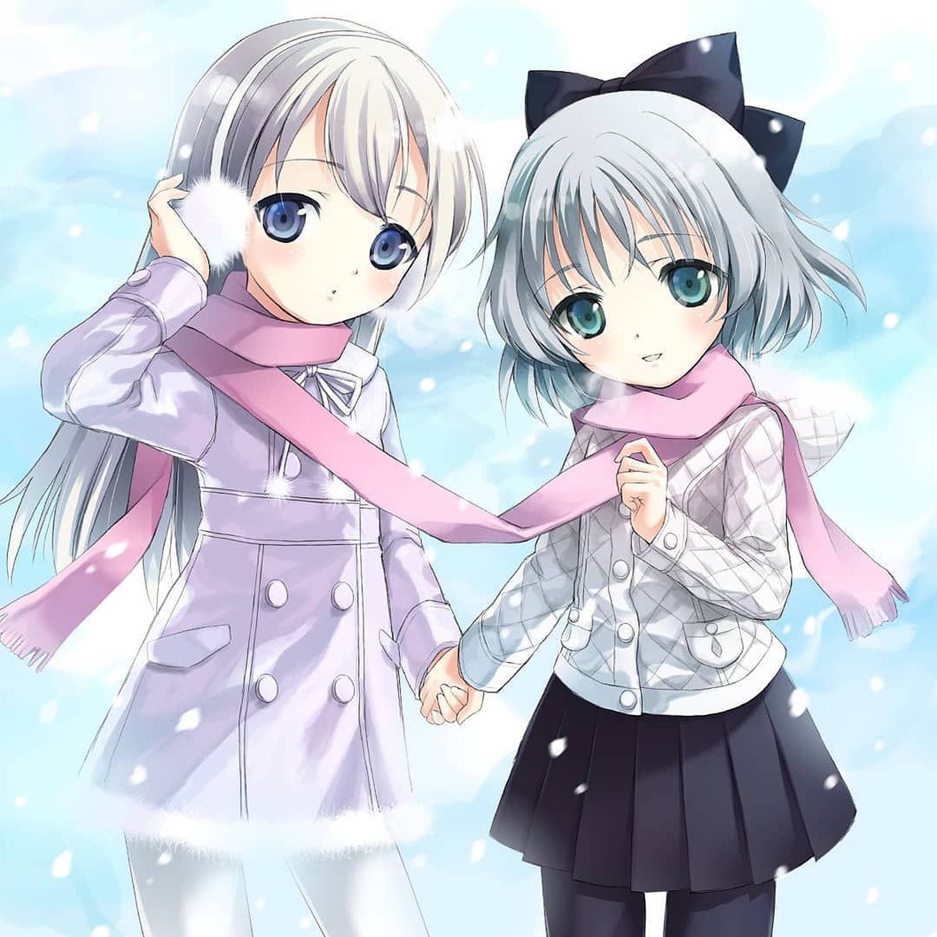 Delighted Anime Kids Enjoying Winter Background