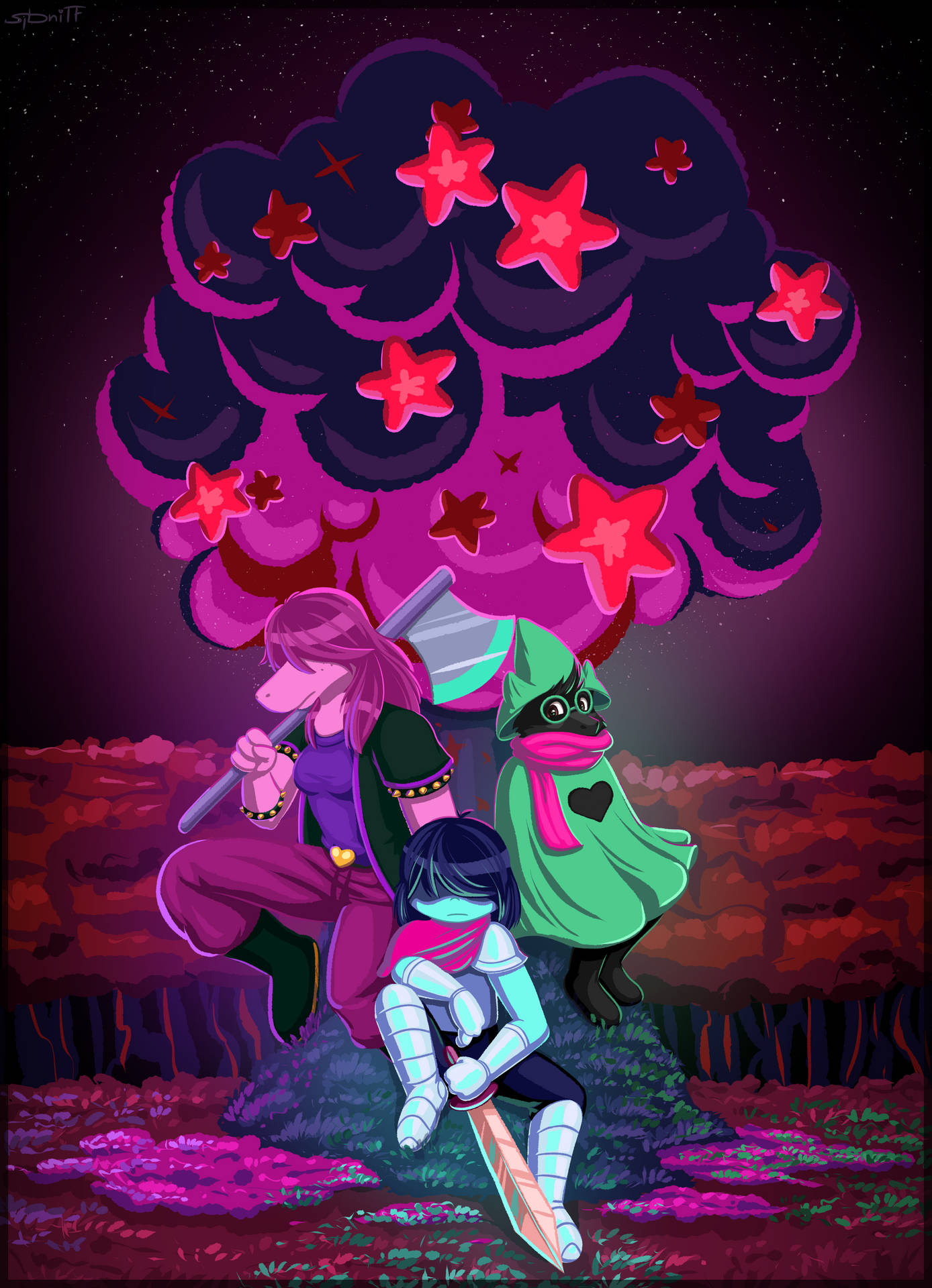 Deltarune Characters On Stars Background