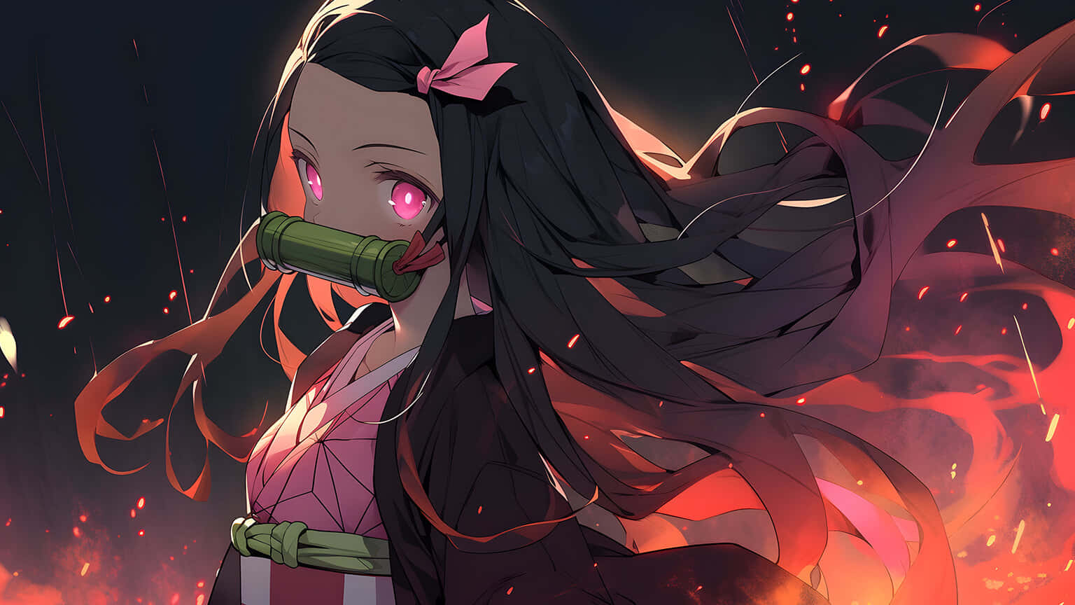 Demon Girl Red Eyes Bamboo Muzzle Background