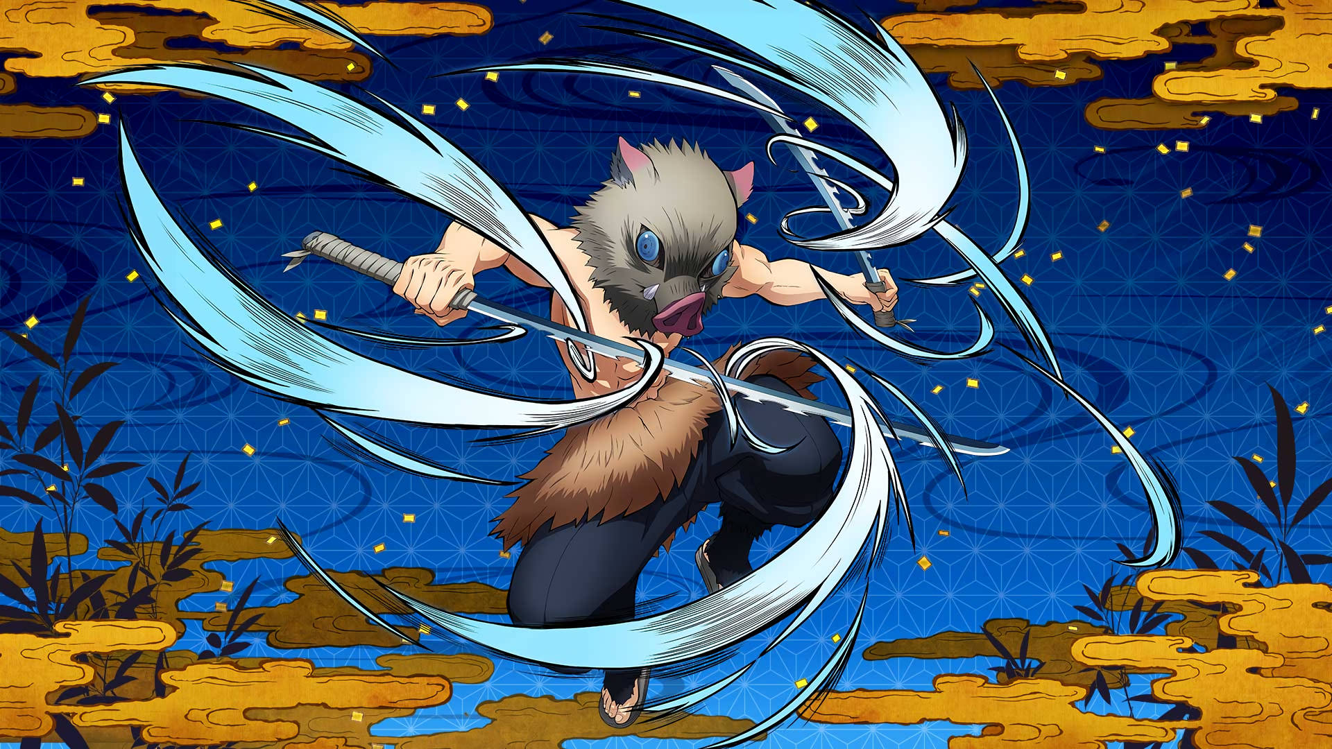 Demon Slayer Inosuke Water Swirls On His Swords Background