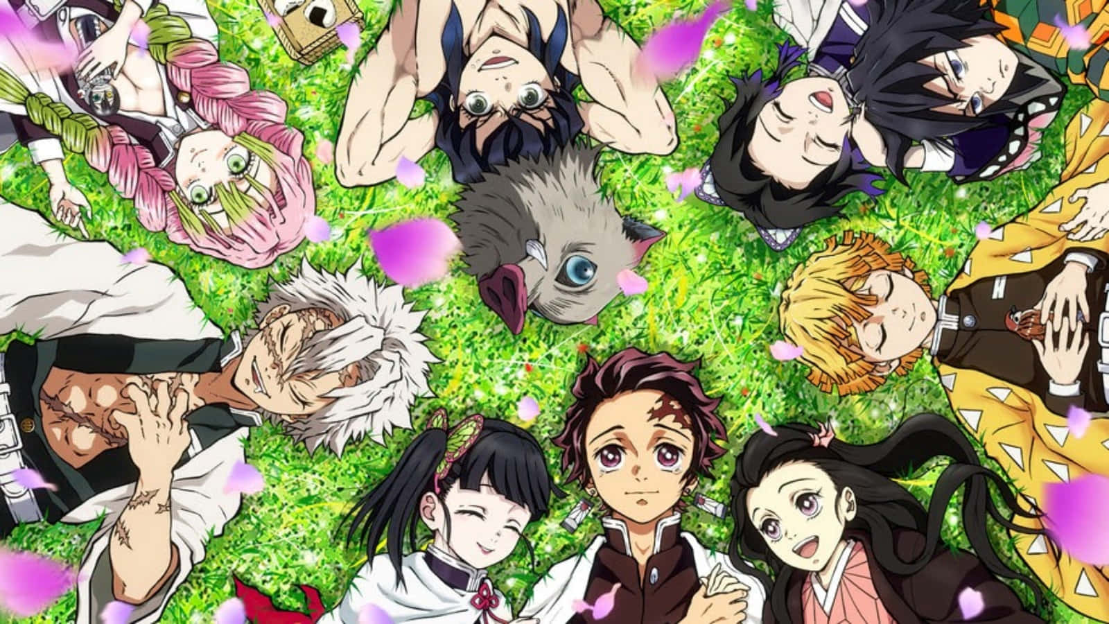 Demon Slayer Scenery Characters Lying On Grass Background