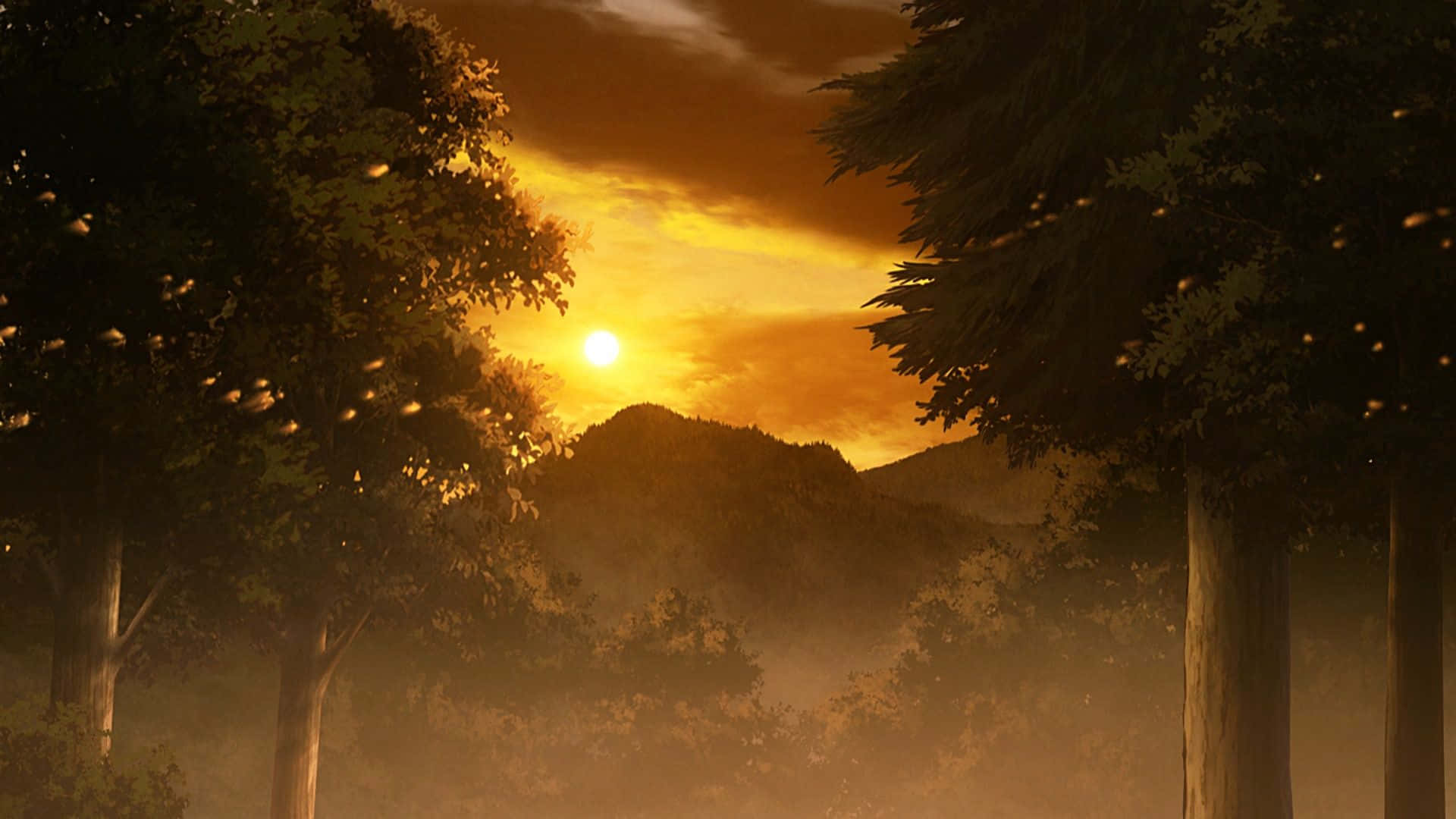 Demon Slayer Scenery Sunset In Forest Background