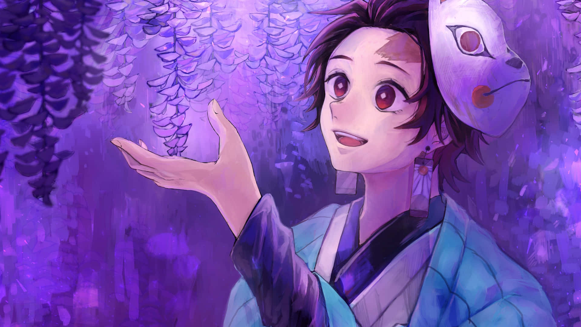 Demon Slayer Scenery Tanjiro Kitsune Mask Cherry Blossoms Background