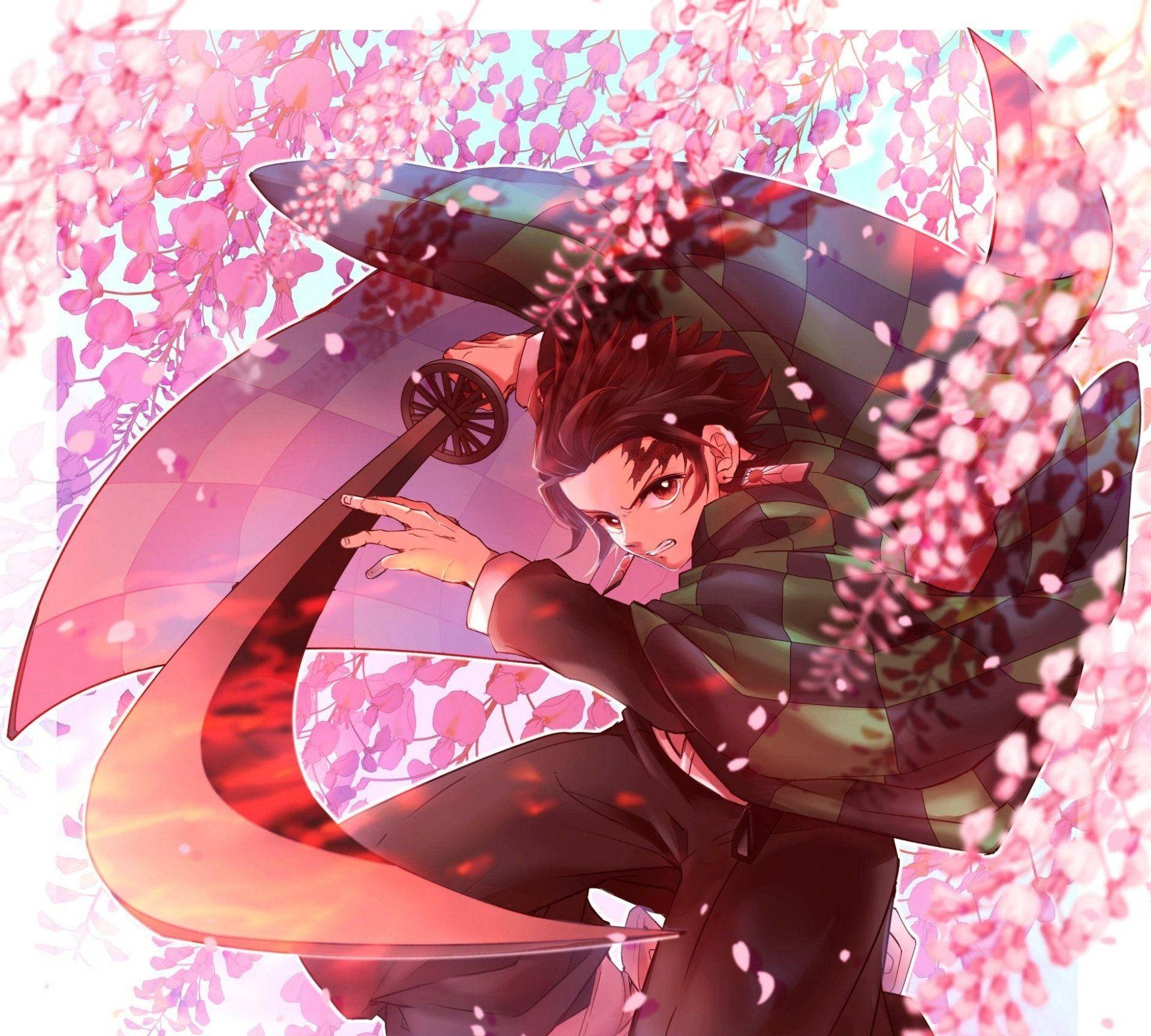 Demon Slayer Tanjiro Pink Flowers Background