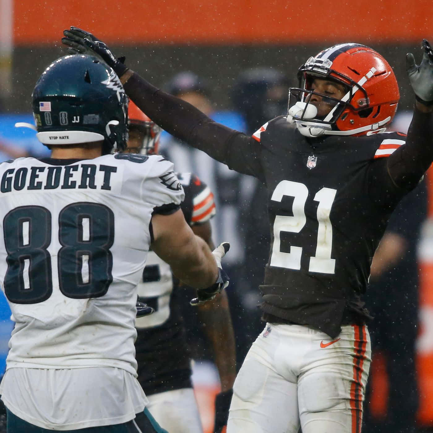 Denzel Ward Celebrating Win Against Philadelphia Eagles Background