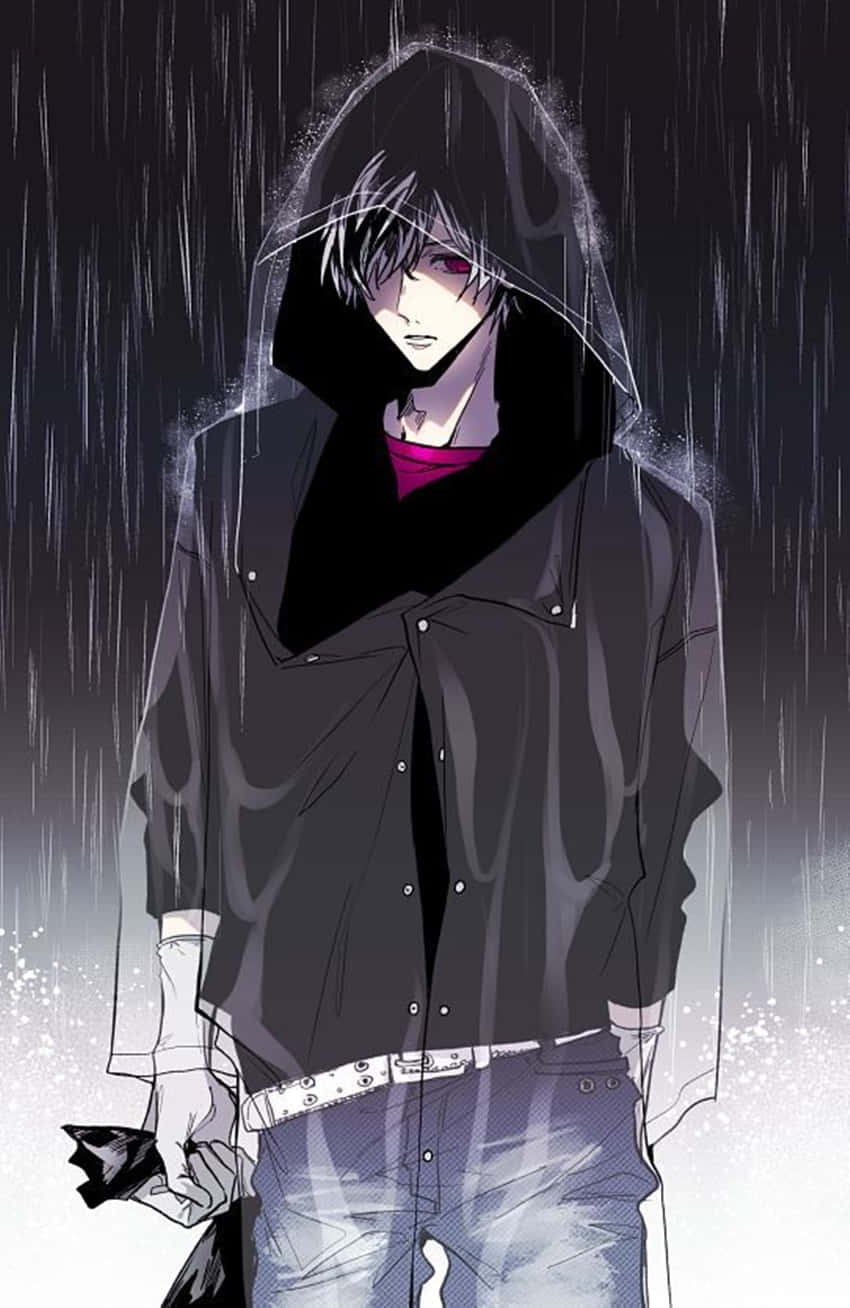 Depressed Anime Boy In Hoodie While Raining