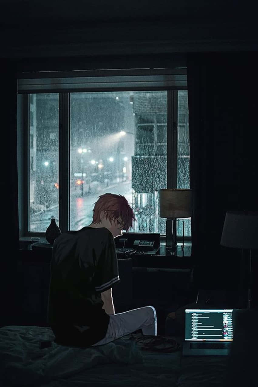 Depressed Anime Boy Laptop Raining