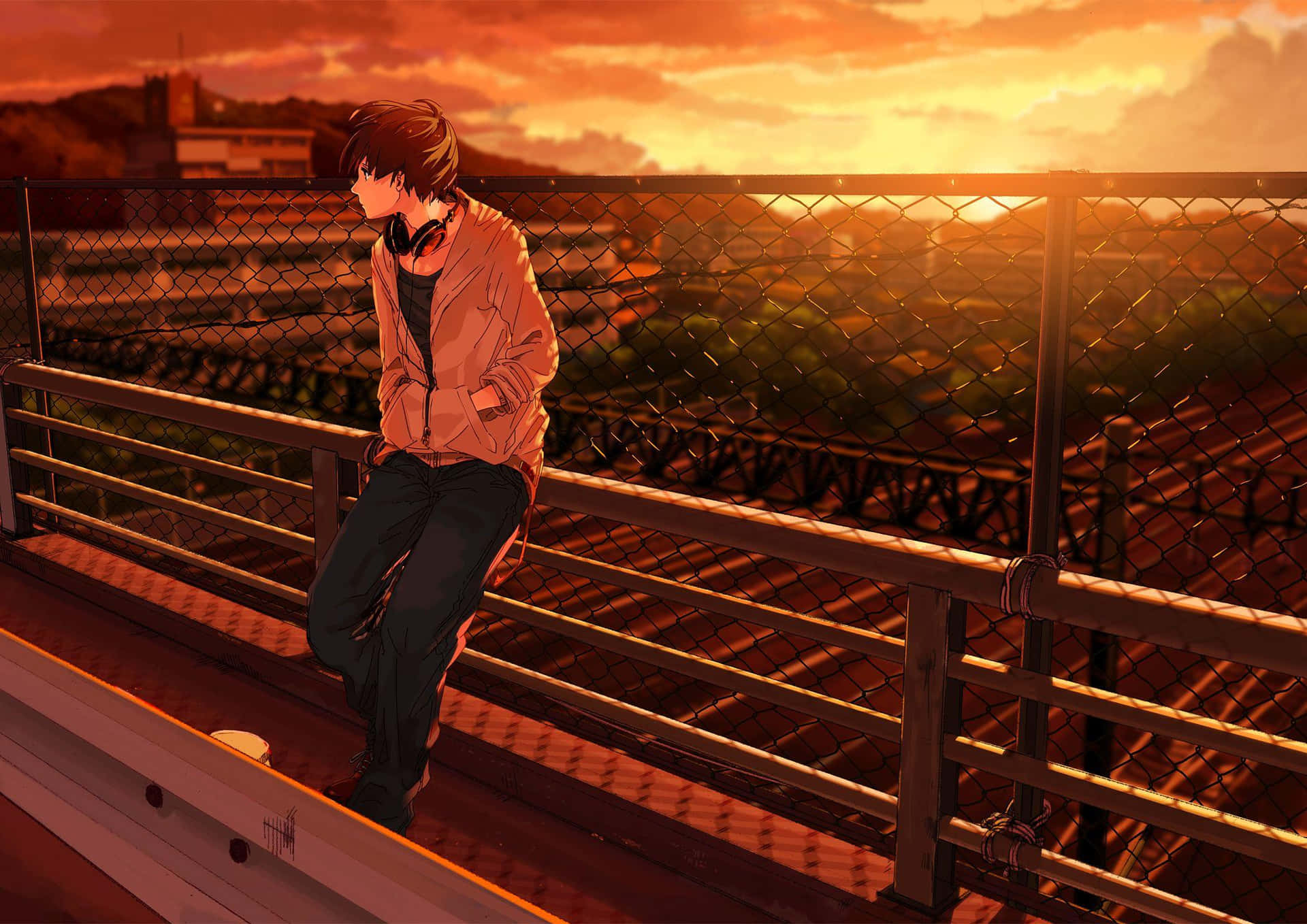 Depressed Anime Boy On Railing At Sunset Background