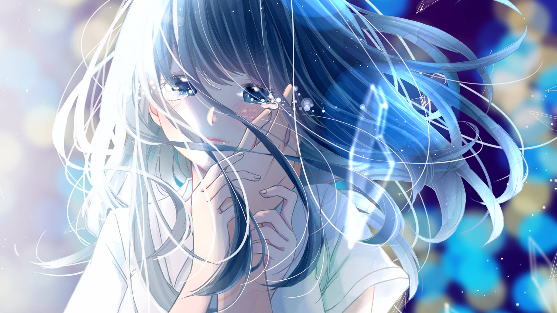Depressed Anime Girl Blue Art Background