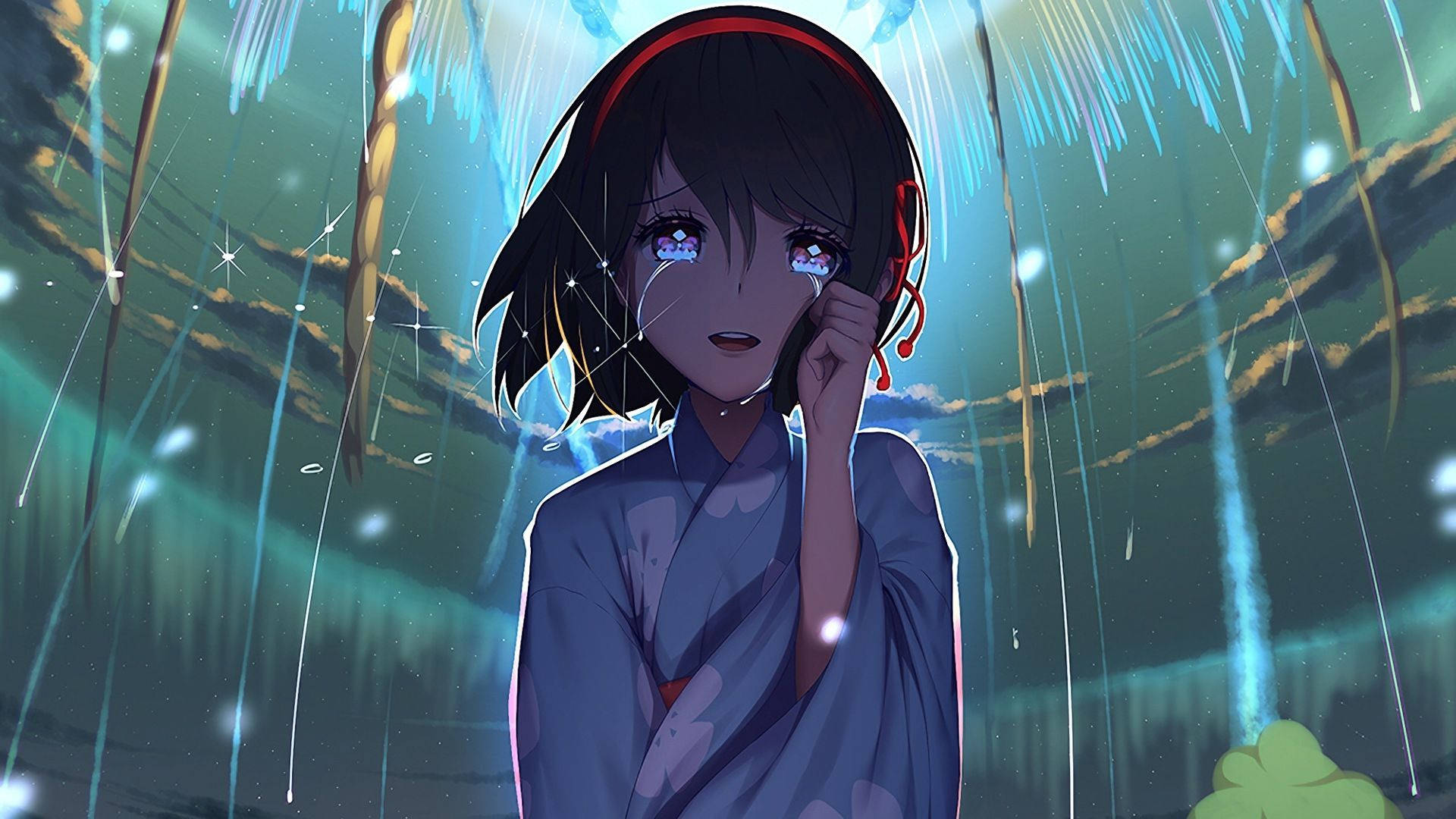 Depressed Anime Girl Blue Kimono Background