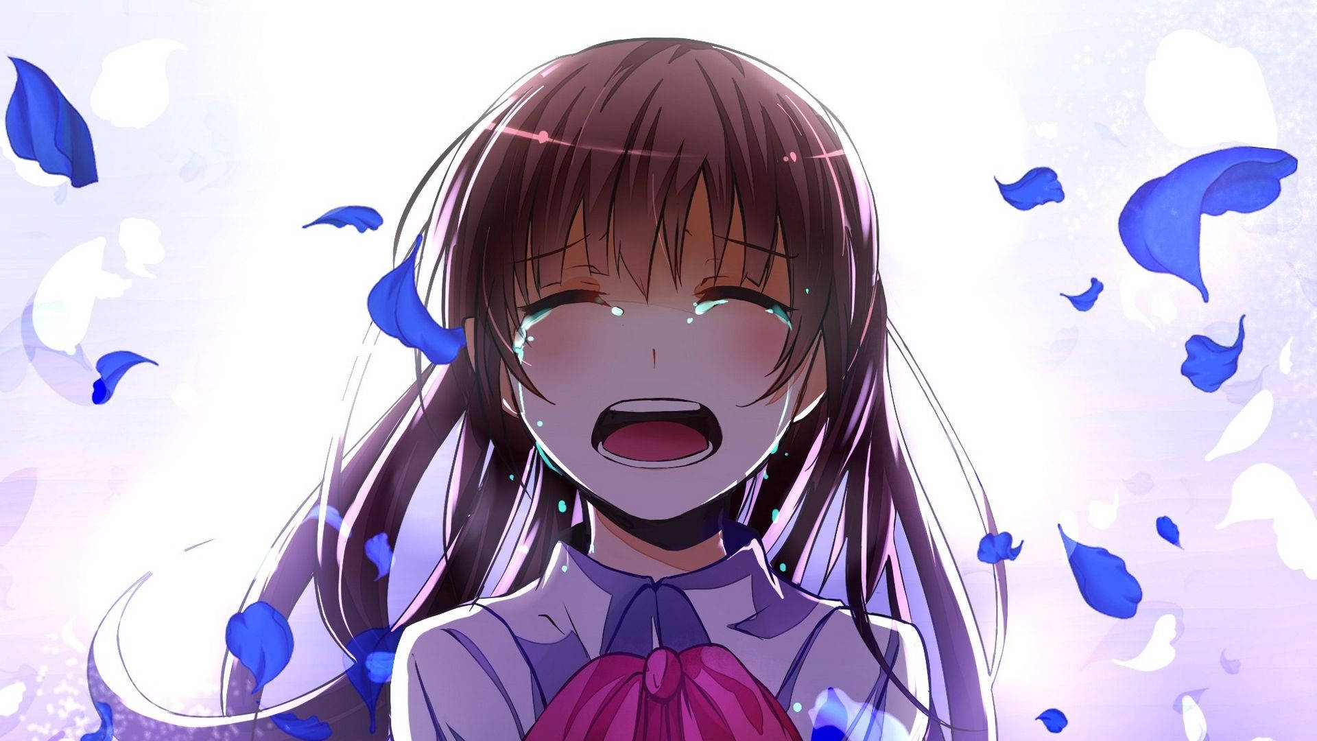 Depressed Anime Girl Blue Petals Background