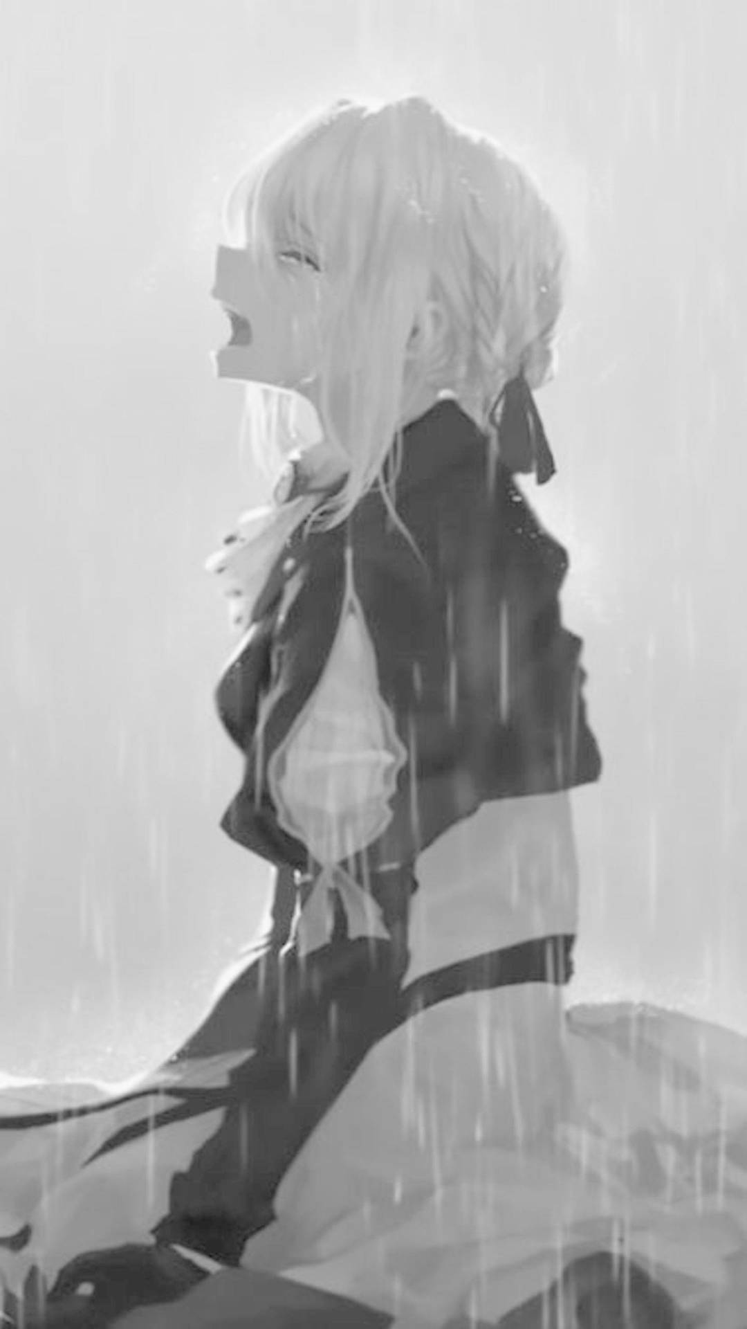Depressed Anime Girl Crying In Rain Background