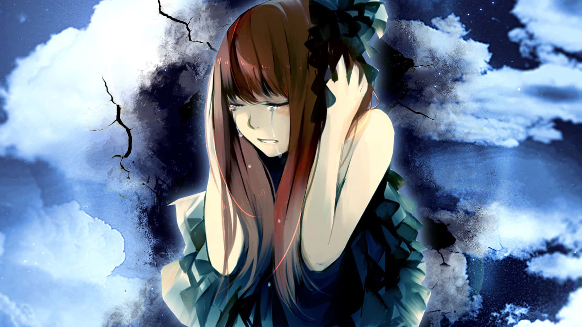 Depressed Anime Girl Crying Sky Background