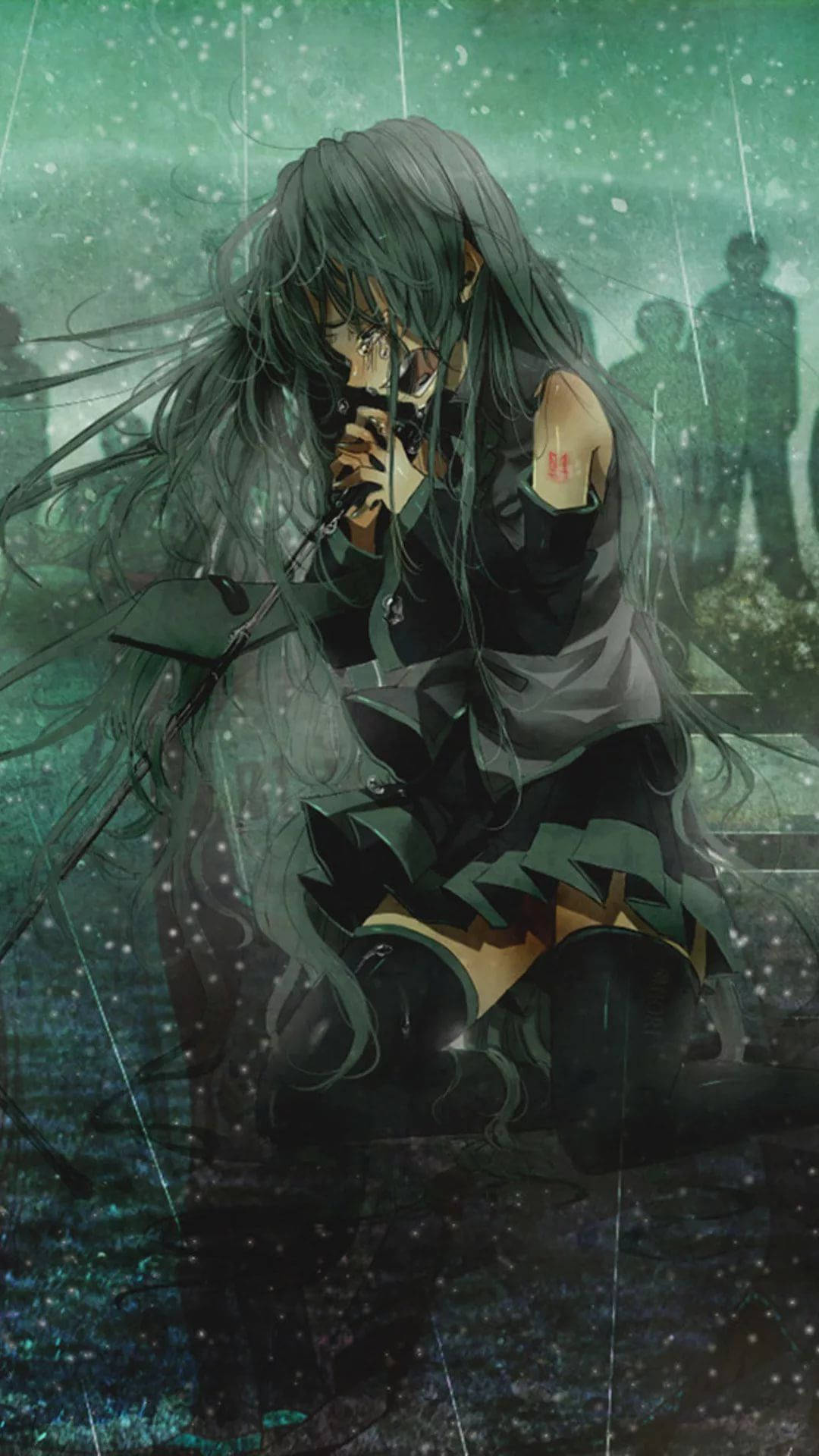 Depressed Anime Girl Green Sky Background