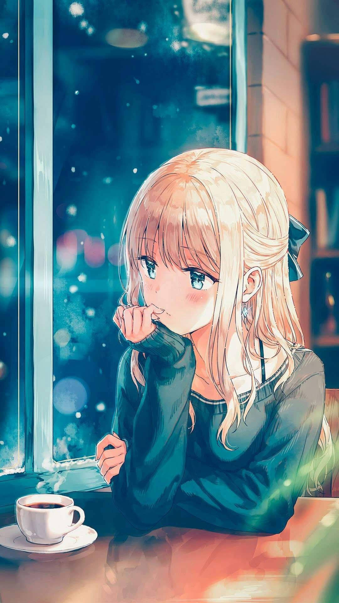 Depressed Anime Girl Having Coffee Background