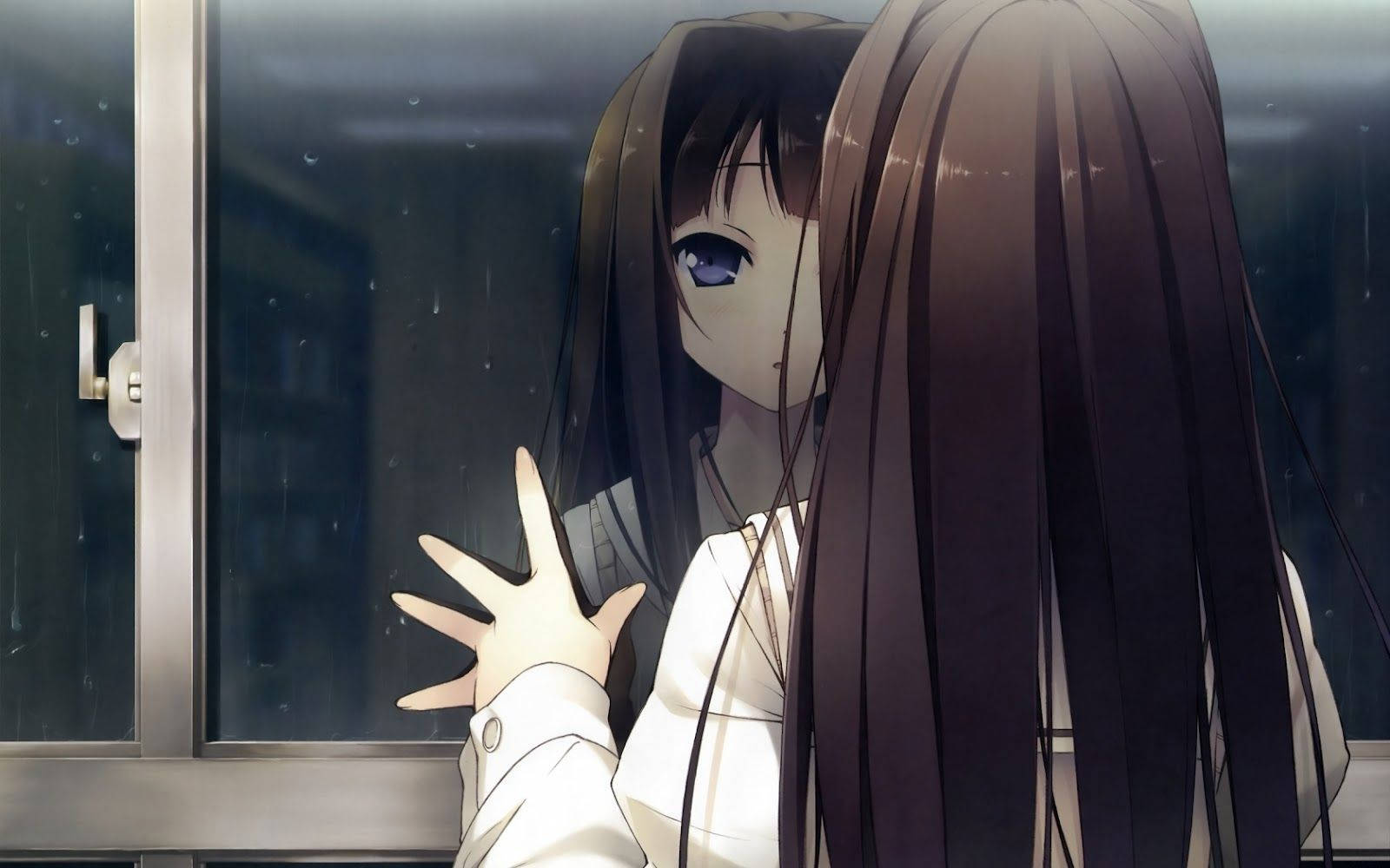 Depressed Anime Girl Staring Mirror Background