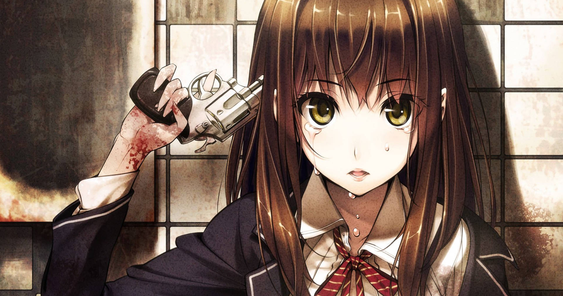 Depressed Anime Girl With Gun Background