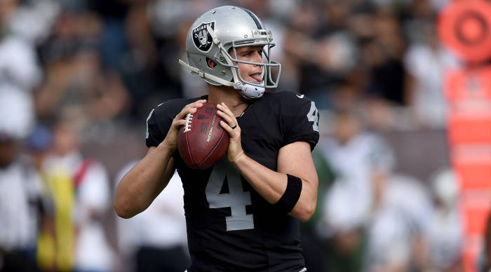 Derek Carr Ready To Toss The Ball Background