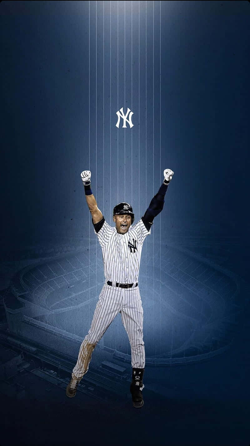 Derek Jeter Celebrating With Yankees Logo Background